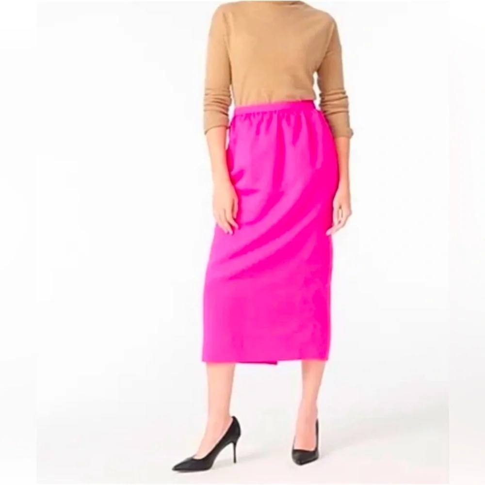 J. Crew Long Midi Pencil Skirt Faille Neon Fuchsia Hot Pink Preppy Modern Chic
